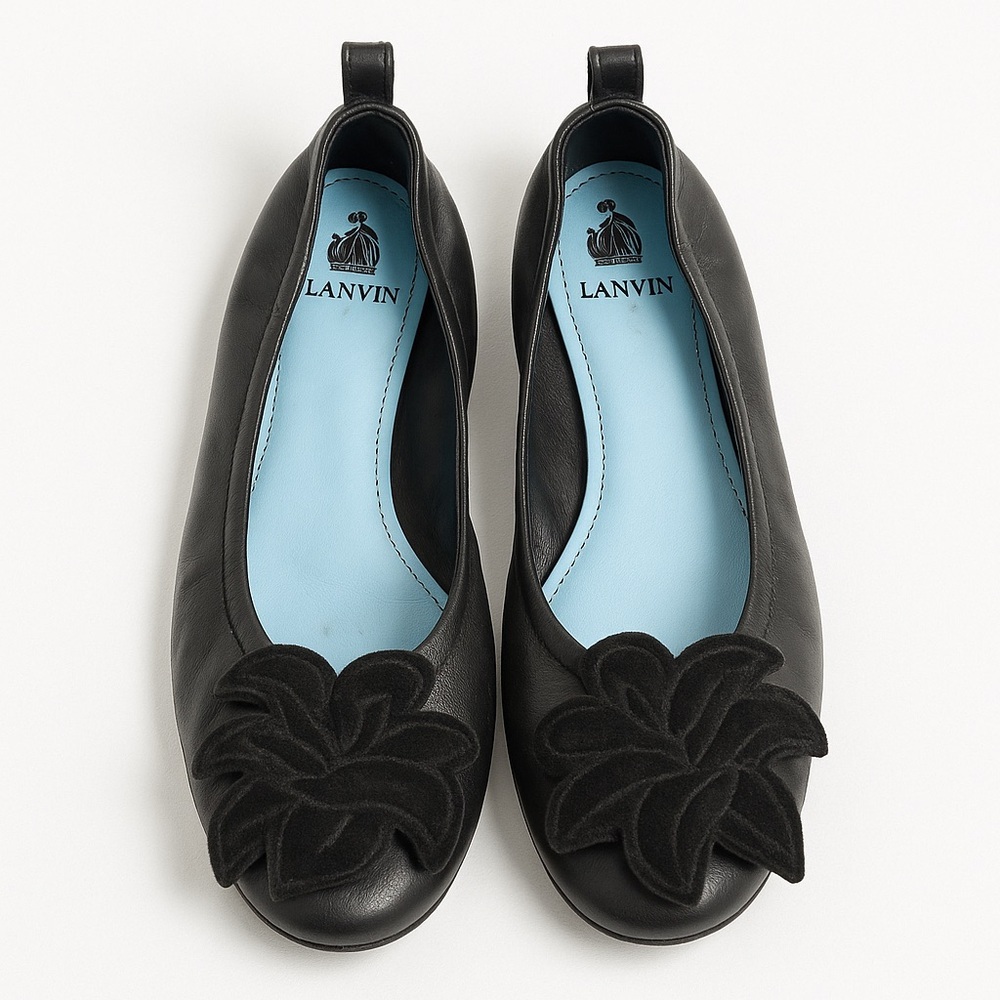 Lanvin Black Ballet Flats with Flower Appliqué - Picture 2 of 13